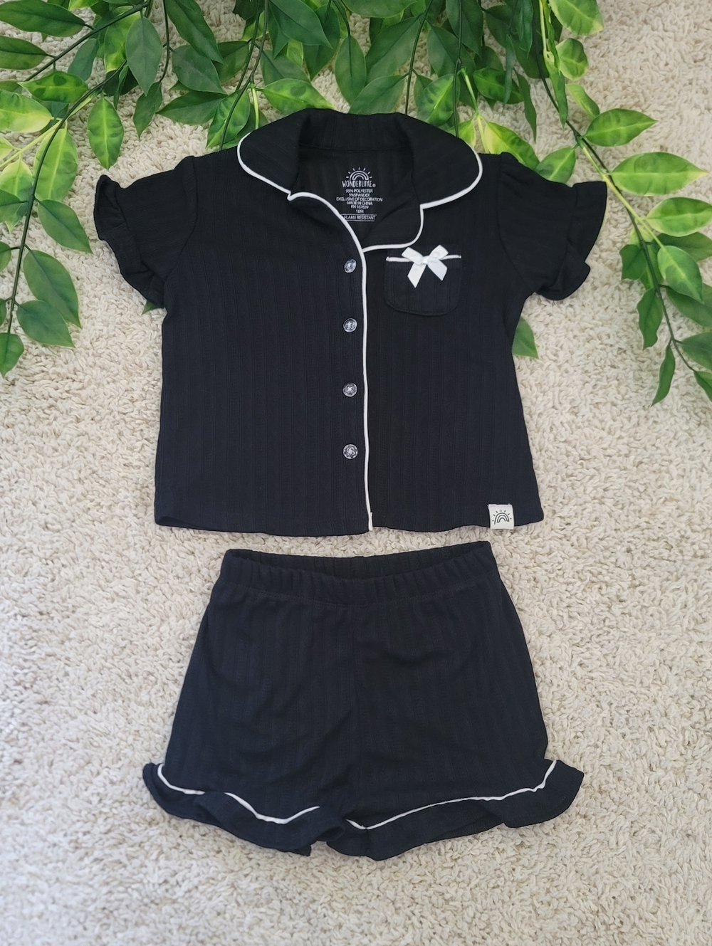 Baby Girl Black Ruffled Pointelle Pajama Set (12-18 Months)